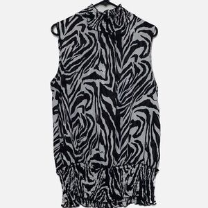 Black and White Ruffled Blouse with Mandarin Collar